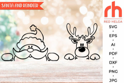 Peeking Santa and Reindeer SVG, Christmas Scene Cut File, Xmas Window Decor, Holiday Design Vector, Winter Theme SVG RedHelgaArt 