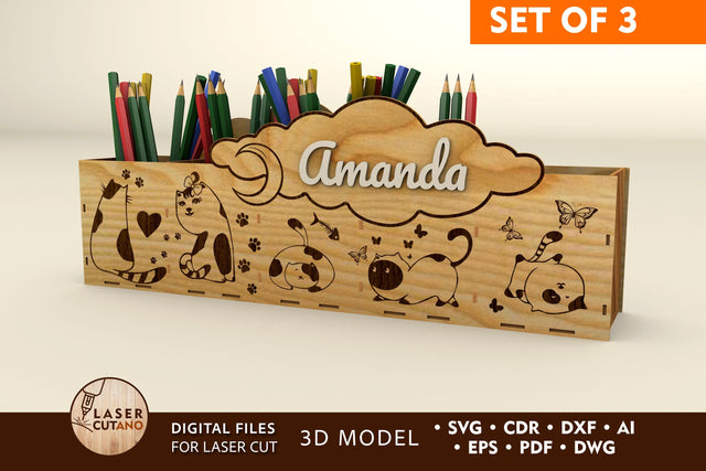 Pencil Box Bundle, Pencil Holder, Education Tools, Laser Cut Files, 3D Designs, Mini Design Bundles SVG LaserCutano 