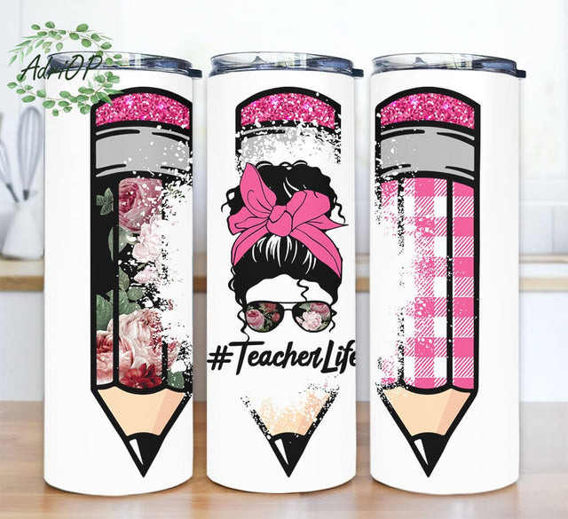 Pencil Monogram Teacher Life 20oz Skinny Tumbler Png, Messy Bun Teacher Life, Glitter Rose Pencil Tumbler, Pencil Monogram Digital Download Sublimation AdriOP 