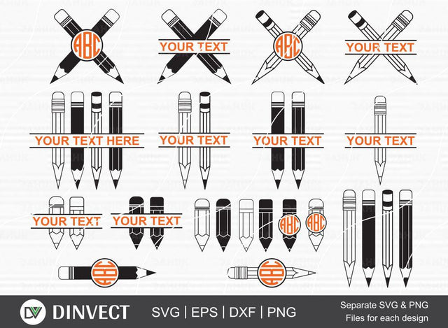 Pencil SVG bundle, Pencil Monogram Clipart, School Silhouette, Teacher SVG, Pencil Monograms bundle, Pencil Clipart, Cutting Machine, Cameo SVG Dinvect 