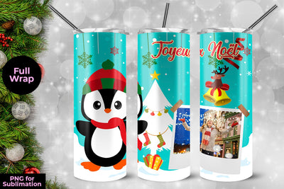 Penguin Joyeux Noël Frame Skinny Tumbler Wrap Template 20 oz Sublimation Sublimatiz Designs 