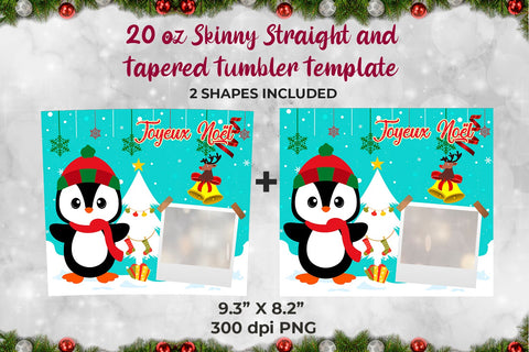 Penguin Joyeux Noël Frame Skinny Tumbler Wrap Template 20 oz Sublimation Sublimatiz Designs 
