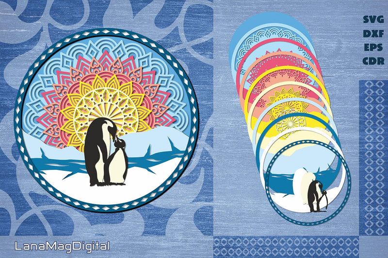Penguin mandala svg Layered penguin family Layered mandala 3D Paper LanaMagDigital 