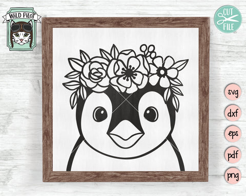 Penguin SVG File, Penguin With Flower Crown SVG Cut File, Penguin Cut File, Animal Face SVG, Floral Crown SVG, Penguin With Flowers On Head SVG, Cute Penguin Face SVG SVG Wild Pilot 