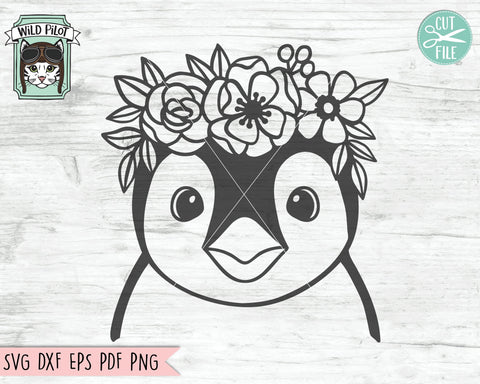Penguin SVG File, Penguin With Flower Crown SVG Cut File, Penguin Cut File, Animal Face SVG, Floral Crown SVG, Penguin With Flowers On Head SVG, Cute Penguin Face SVG SVG Wild Pilot 