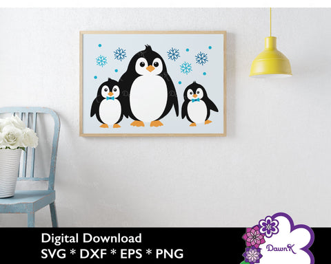 Penguin SVG Trio with Bowties & Snowflakes SVG DawnKDesigns 