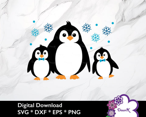 Penguin SVG Trio with Bowties & Snowflakes SVG DawnKDesigns 