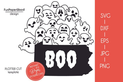 Pennsylvania PA state map Cute Halloween Boo scary ghosts faces SVG DXF EPS PNG JPEG SVG FunPaperWood 