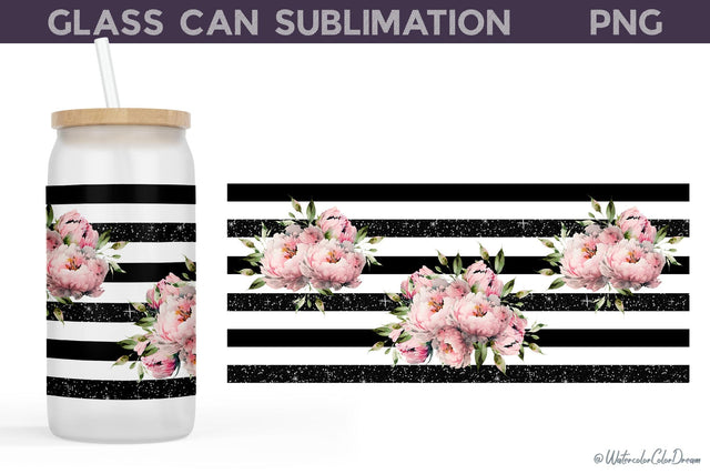 Peonies Black Stripes Glass Can | Peony Glass Can Sublimation WatercolorColorDream 