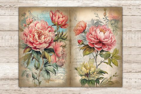 Peonies Junk Journal Paper | Flowers Journal Card SVG GlamArtZhanna 