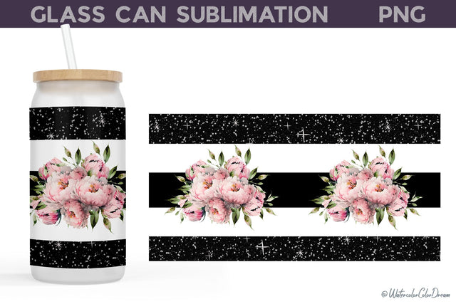 Peonies on a background of black stripes | Peony Glass Can Sublimation WatercolorColorDream 
