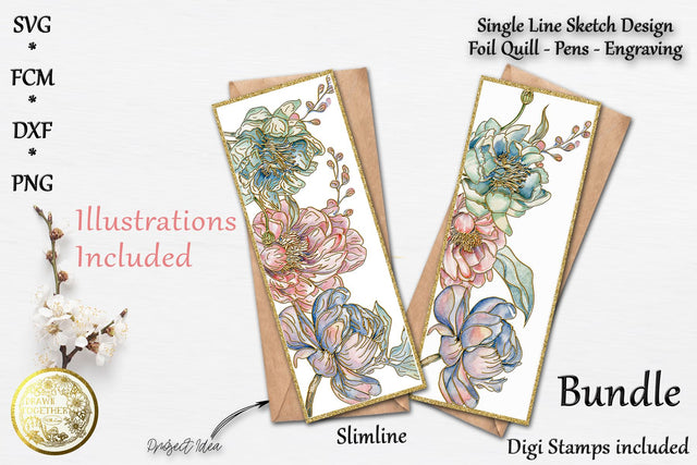 Peony Slimline Cards - Single line for Foil Quill | Digi Stamp | Illustrations | Bundle Sketch DESIGN DrawnTogether with love 