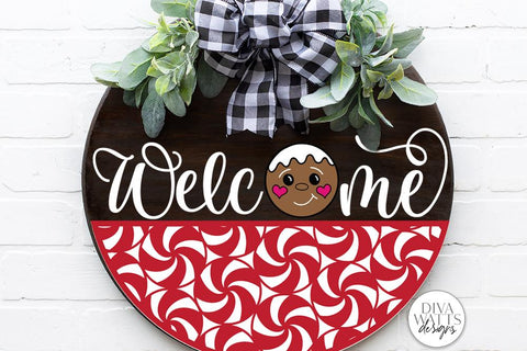 Peppermint & Gingerbread Welcome SVG | Christmas Round Sign Design SVG Diva Watts Designs 