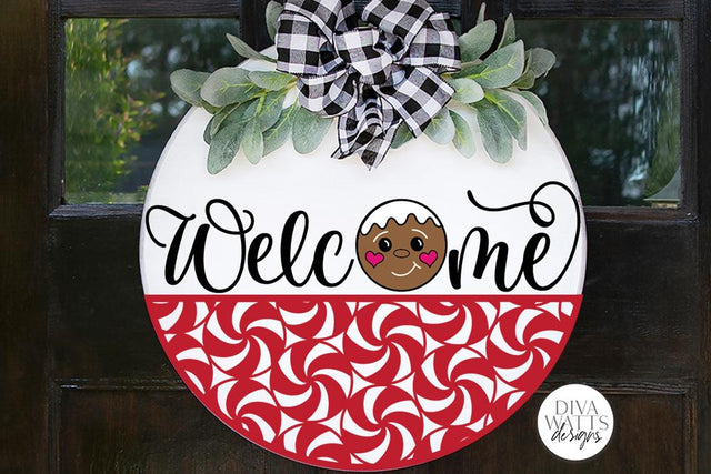 Peppermint & Gingerbread Welcome SVG | Christmas Round Sign Design SVG Diva Watts Designs 