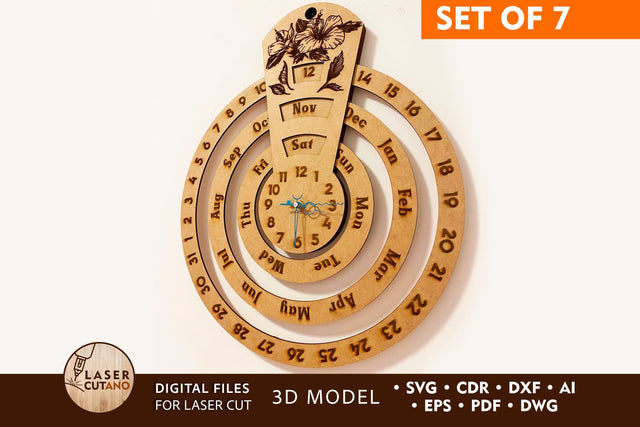 PERPETUAL CALENDAR & CLOCK SET OF 7 SVG LaserCutano 