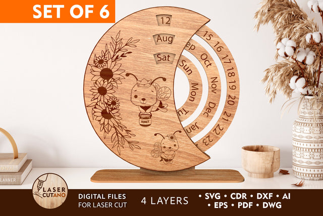 Perpetual CALENDAR SET OF 6 Multilayer Laser Cut Files, Mandala, Round Sign SVG, 3D Designs, Mini Design Bundles SVG LaserCutano 
