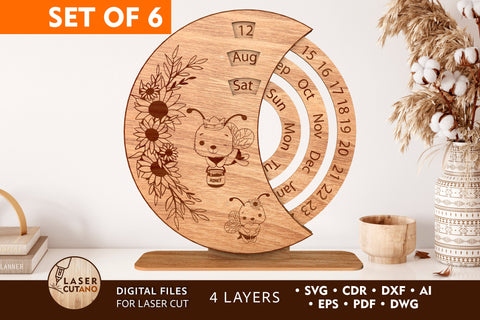 Perpetual CALENDAR SET OF 6 Multilayer Laser Cut Files, Mandala, Round Sign SVG, 3D Designs, Mini Design Bundles SVG LaserCutano 
