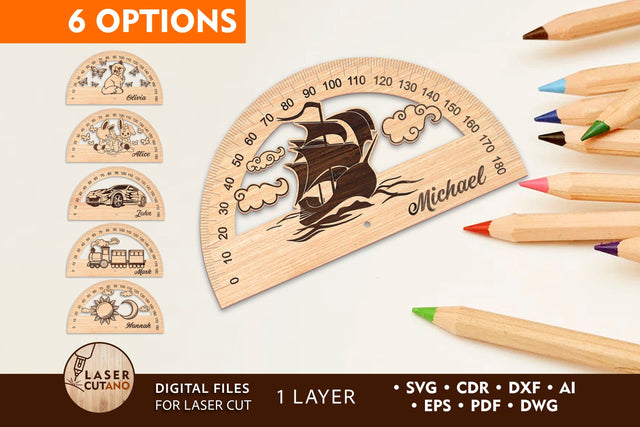 Personalised Wooden Protractor Ruler Kids Bundle Laser Cut Template SVG LaserCutano 