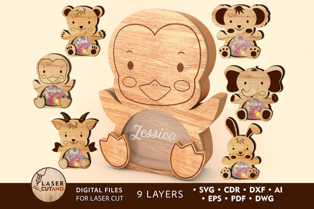 Personalized Easter Bundle Animals Box For Sweets SET OF 6 Multilayer Laser Cut Files, 3D Designs, Mini Design Bundles SVG LaserCutano 