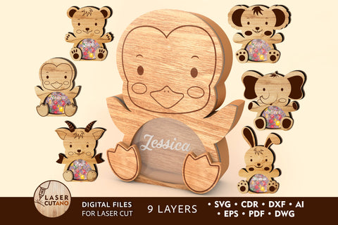 Personalized Easter Bundle Animals Box For Sweets SET OF 6 Multilayer Laser Cut Files, 3D Designs, Mini Design Bundles SVG LaserCutano 