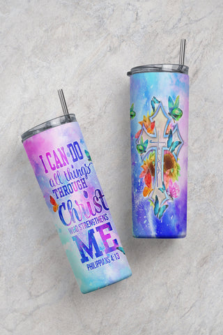 Philippians 4:13 Bible Verse Christian Faith Cross Inspirational Quote Tumbler Wrap PNG 20 oz. Straight Print File Sublimation CaldwellArt 