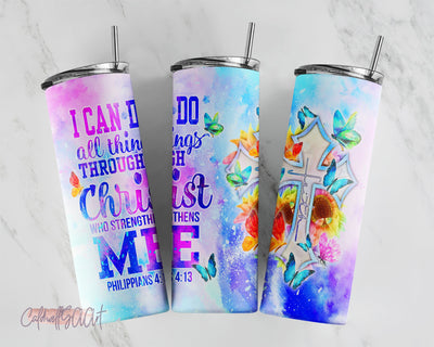 Philippians 4:13 Bible Verse Christian Faith Cross Inspirational Quote Tumbler Wrap PNG 20 oz. Straight Print File Sublimation CaldwellArt 