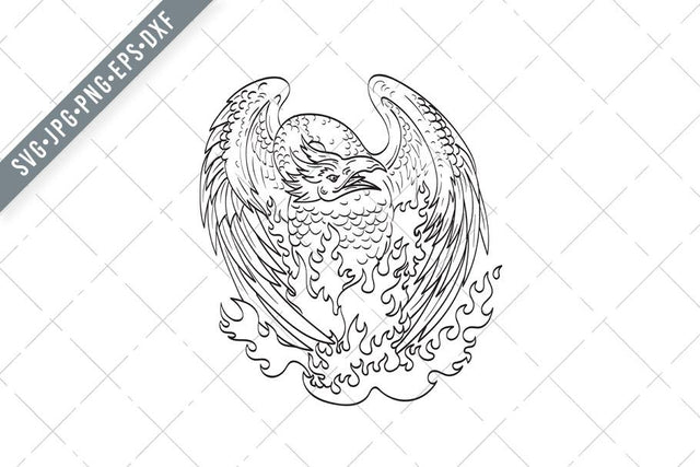 Phoenix a Mythological Bird That Cyclically Regenerates on Fire Front View Line Art Drawing Black and White SVG Patrimonio Designs Limited 