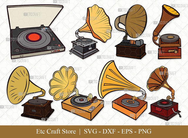 Phonograph Clipart SVG Cut File | Gramophone Svg | Gramophone With Horn Speaker Svg | Record Player Svg | Bundle SVG ETC Craft 