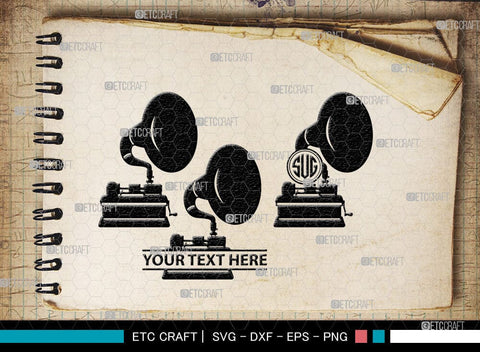 Phonograph Monogram, Phonograph Silhouette, Phonograph SVG, Gramophone Svg, Record Player Svg, Music Svg, Gramophone With Horn Speaker Svg, Phonograph Svg, SB00070 SVG ETC Craft 