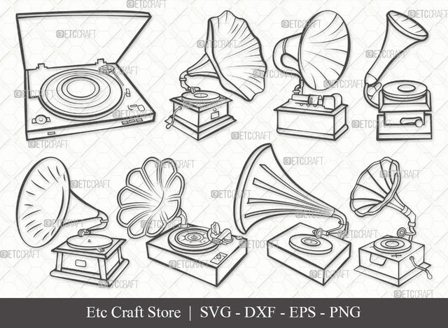 Phonograph Outline SVG Cut File | Gramophone Svg | Gramophone With Horn Speaker Svg | Record Player Svg | Bundle SVG ETC Craft 
