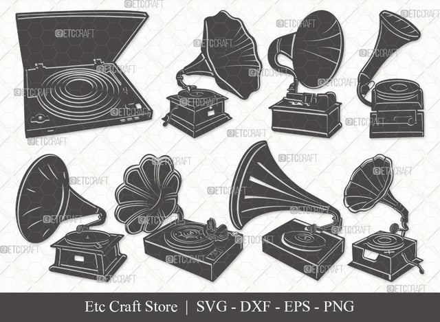 Phonograph Silhouette SVG Cut File | Gramophone Svg | Gramophone With Horn Speaker Svg | Record Player Svg | Bundle SVG ETC Craft 