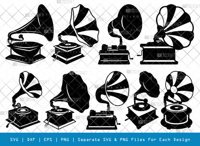 Phonograph SVG, Phonograph Silhouette, Gramophone Svg, Record Player Svg, Music Svg, Gramophone With Horn Speaker Svg, Phonograph Bundle SVG ETC Craft 