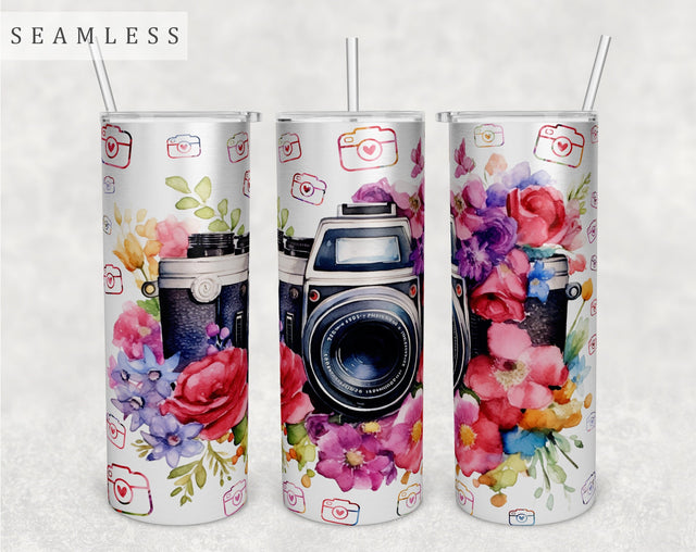 Photo Camera Tumbler Wrap, 20 Oz Skinny Tumbler Sublimation Design, Seamless Floral Photo Camera Tumbler PNG Sublimation HappyDesignStudio 