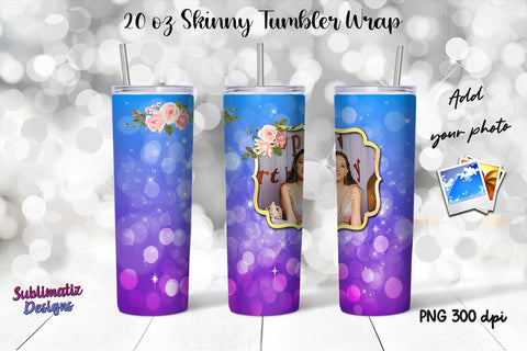 Photo Frame 20 oz Skinny Tumbler Wrap Blue & Purple Sublimation Sublimatiz Designs 