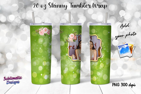 Photo Frame 20 oz Skinny Tumbler Wrap Green Sublimation Sublimatiz Designs 