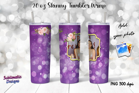 Photo Frame 20 oz Skinny Tumbler Wrap Purple Sublimation Sublimatiz Designs 