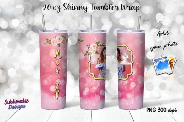 Photo Frame Quinceanera Rose Tumbler Wrap 20 oz Skinny Tumbler Wrap Design Sublimation Sublimatiz Designs 