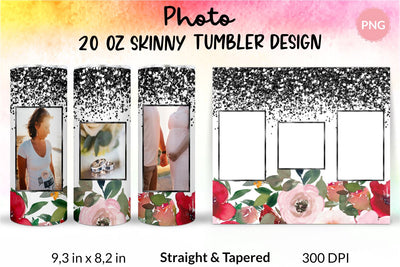 Photo Tumbler, Photo Tumbler Sublimation Template, Photo Tumbler Sublimation, Flower Tumbler, Floral Tumbler, Watercolor Tumbler, Black Glitter, Wrap Design Sublimation Bundle for 20 Oz Skinny Tumbler PNG Sublimation KatineDesign 