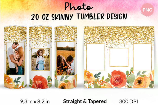 Photo Tumbler, Photo Tumbler Sublimation Template, Photo Tumbler Sublimation, Flower Tumbler, Floral Tumbler, Watercolor Tumbler, Gold Glitter, Wrap Design Sublimation Bundle for 20 Oz Skinny Tumbler PNG Sublimation KatineDesign 
