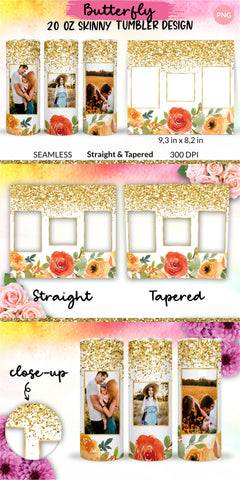 Photo Tumbler, Photo Tumbler Sublimation Template, Photo Tumbler Sublimation, Flower Tumbler, Floral Tumbler, Watercolor Tumbler, Gold Glitter, Wrap Design Sublimation Bundle for 20 Oz Skinny Tumbler PNG Sublimation KatineDesign 