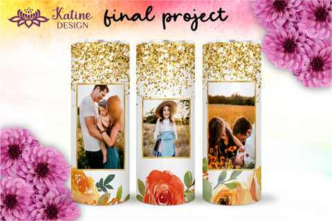 Photo Tumbler, Photo Tumbler Sublimation Template, Photo Tumbler Sublimation, Flower Tumbler, Floral Tumbler, Watercolor Tumbler, Gold Glitter, Wrap Design Sublimation Bundle for 20 Oz Skinny Tumbler PNG Sublimation KatineDesign 