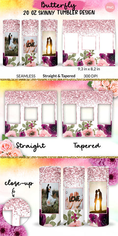 Photo Tumbler, Photo Tumbler Sublimation Template, Photo Tumbler Sublimation, Flower Tumbler, Floral Tumbler, Watercolor Tumbler, Rose Gold Glitter, Wrap Design Sublimation Bundle for 20 Oz Skinny Tumbler PNG Sublimation KatineDesign 