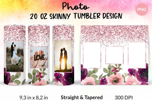 Photo Tumbler, Photo Tumbler Sublimation Template, Photo Tumbler Sublimation, Flower Tumbler, Floral Tumbler, Watercolor Tumbler, Rose Gold Glitter, Wrap Design Sublimation Bundle for 20 Oz Skinny Tumbler PNG Sublimation KatineDesign 