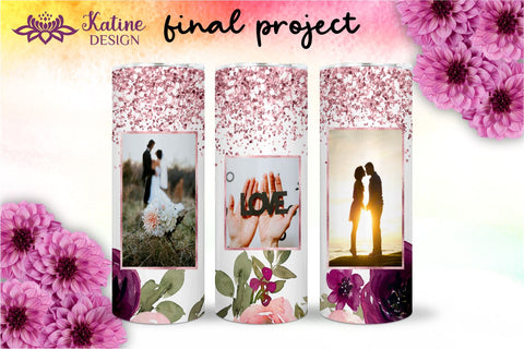 Photo Tumbler, Photo Tumbler Sublimation Template, Photo Tumbler Sublimation, Flower Tumbler, Floral Tumbler, Watercolor Tumbler, Rose Gold Glitter, Wrap Design Sublimation Bundle for 20 Oz Skinny Tumbler PNG Sublimation KatineDesign 