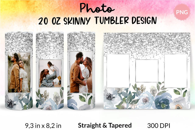 Photo Tumbler, Photo Tumbler Sublimation Template, Photo Tumbler Sublimation, Flower Tumbler, Floral Tumbler, Watercolor Tumbler, Silver Glitter, Wrap Design Sublimation Bundle for 20 Oz Skinny Tumbler PNG Sublimation KatineDesign 