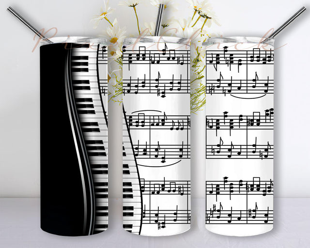Piano, Sheet Music, Keyboard 20oz Skinny Tumbler Sublimation Designs, Tapered Tumbler PNG File Digital Download Sublimation PixelChick 