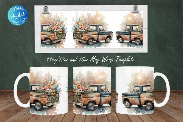 Pick Up Truck Flowers 11, 12 & 15 Oz Mug Sublimation Sublimation Regulrcrative 