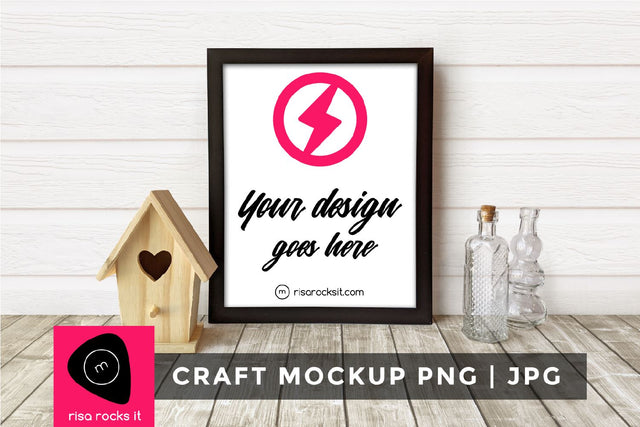 Picture Frame with Birdhouse and Glass Bottles Craft PNG + JPG Mockup Mock Up Photo Risa Rocks It 