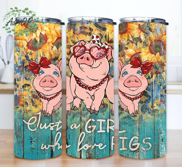 Pig 20oz Skinny Tumbler Png, Farm Animals, Farm Animals Png, Just A Girl Who Love Pigs Tumbler, Sunflowers And Gemstone Pigs Tumbler Png Sublimation AdriOP 