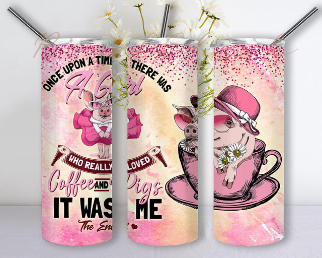 Pig 20oz Skinny Tumbler Png, There Was A Girl Who Really Loved Coffee And Pigs Png, Funny Farm Animal, Cute Pig, Pig Lovers For Girls, Glitter Pink Pig Tumbler Sublimation PixelChick 